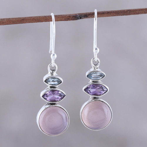 Multi-Gemstone Dangle Earrings in Pink from India 'Peaceful Dazzle in Pink'