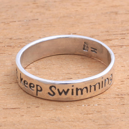 Inspirational Sterling Silver Band Ring from Bali 'Just Keep Swimming'