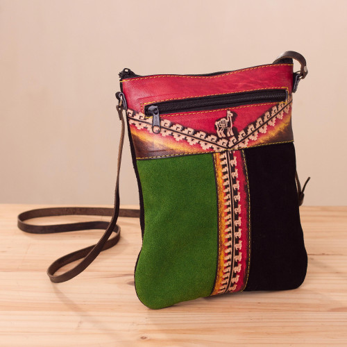 Llama-Themed Multicolored Leather Sling from Peru 'Cusco Traveler'
