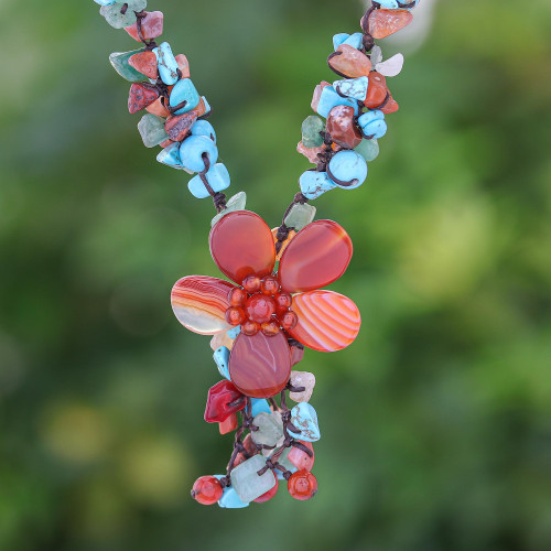 Agate and Carnelian Y Necklace 'Summer Flower'