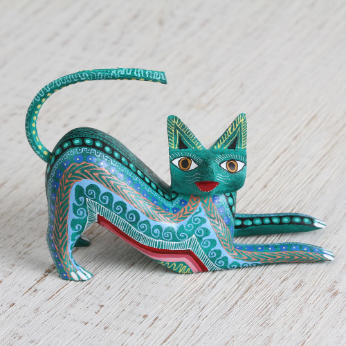 Wood Alebrije Figurine Cat in Green from Mexico 'Cat Stretch'