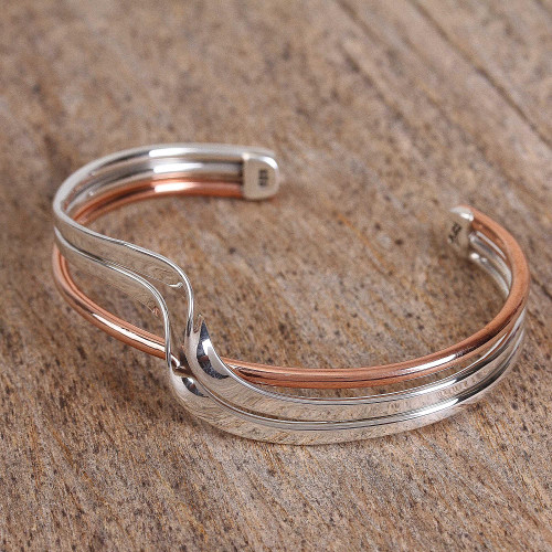 Sterling Silver and Copper Cuff Bracelet from Mexico 'Copper Stream'