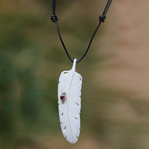 Garnet Leather and Carved Bone Feather Pendant Necklace 'Feather Soul'