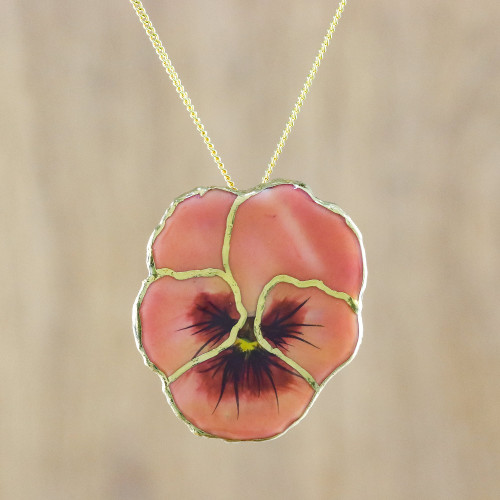 Resin Dipped Natural Flower 24K Gold Accent Pendant Necklace 'Peach Pansy'