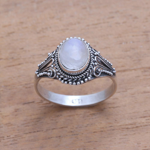 Handmade Rainbow Moonstone Single-Stone Ring from Bali 'Princess Gem'