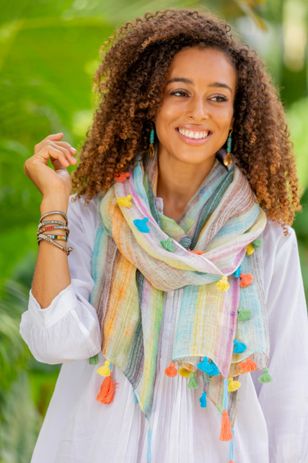 Lightweight Rainbow Striped Linen Shawl from India 'Delightful Stripes in Rainbow'