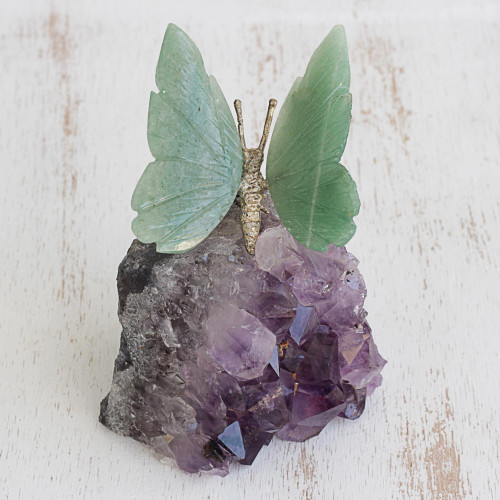 Quartz and Amethyst Butterfly Gemstone Sculpture from Brazil 'Verdant Wings'