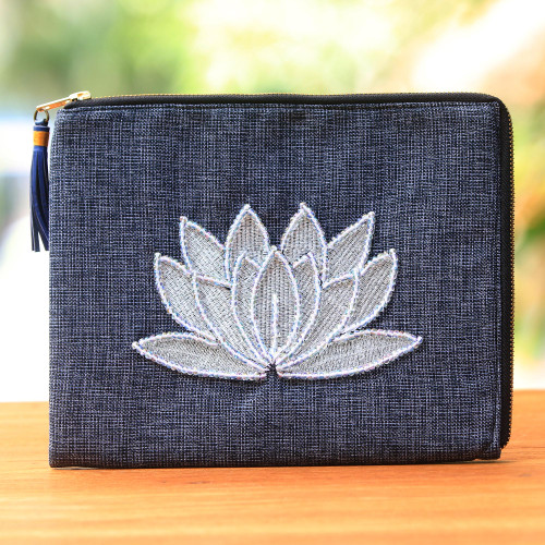 Floral Embellished Jute Coin Purse in Midnight from Java 'God's Grace in Midnight'