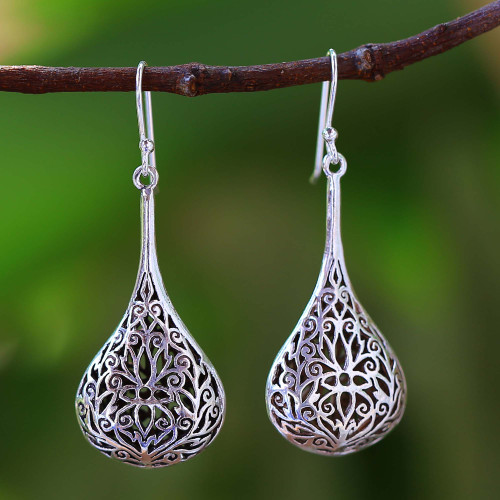 Artisan Crafted Sterling Silver Dangle Earrings 'Filigree Teardrop'