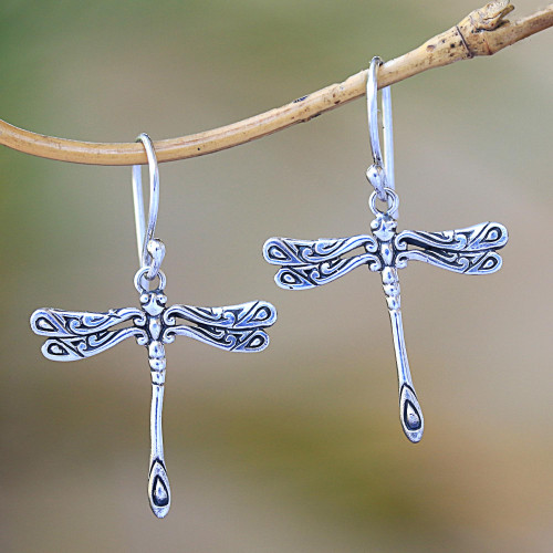 Handcrafted Sterling Silver Dragonfly Wings Dangle Earrings 'Elegance of the Dragonflies'