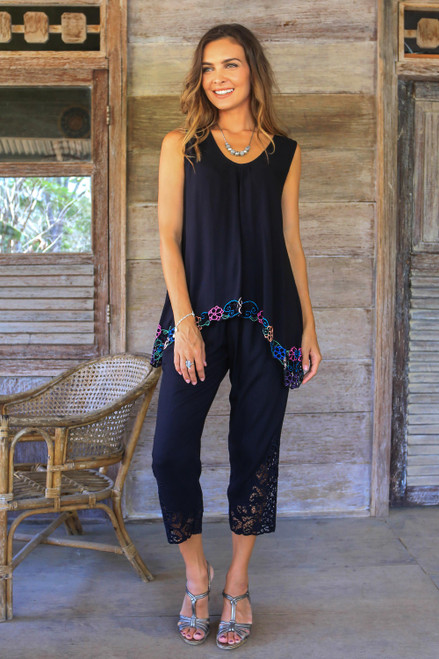 Floral Embroidered Rayon Pants in Onyx from Bali 'Onyx Padma Flower'