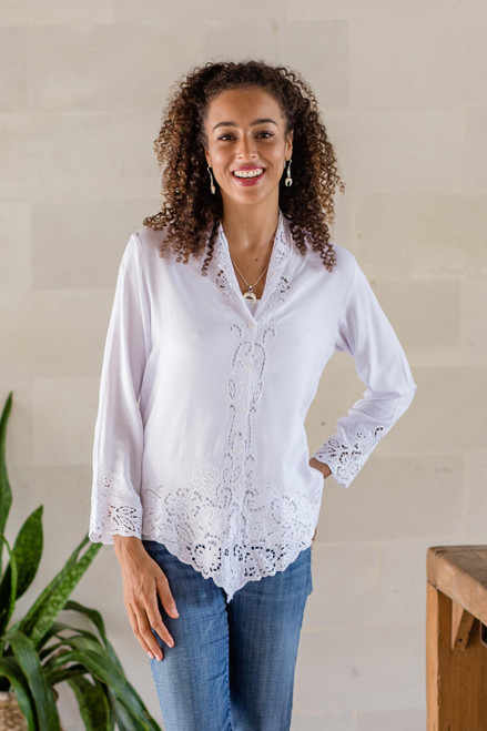 Embroidered Rayon Kebaya Blouse in Snow White from Bali 'Snow White Bidadari' Embroidered Rayon Kebaya Blouse in Snow White from Bali 'Snow White Bidadari'