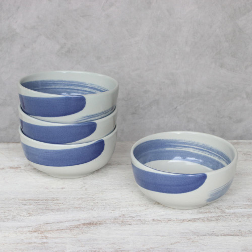 Handcrafted Blue and White Ceramic Set of Four Bowls 'Blue Winds'