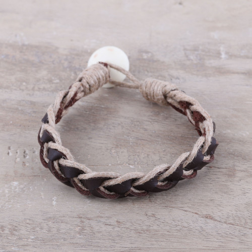 Brown Leather Coconut Fiber Cotton and Bone Braided Bracelet 'Earthy Combo'