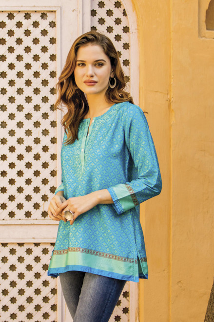 Embroidery Trim Tunic in Azure and Aqua from India 'Flowers of the Sea'