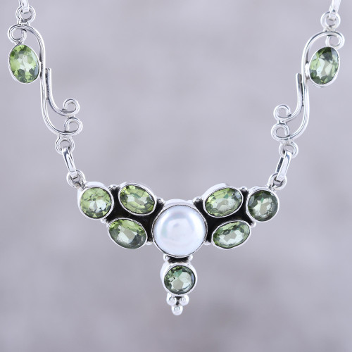 Peridot and Cultured Pearl Pendant Necklace from India 'Green Grove'