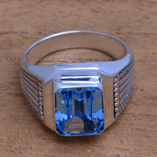 Men's Blue Topaz Single Stone Ring from Bali 'Temple Glitter'