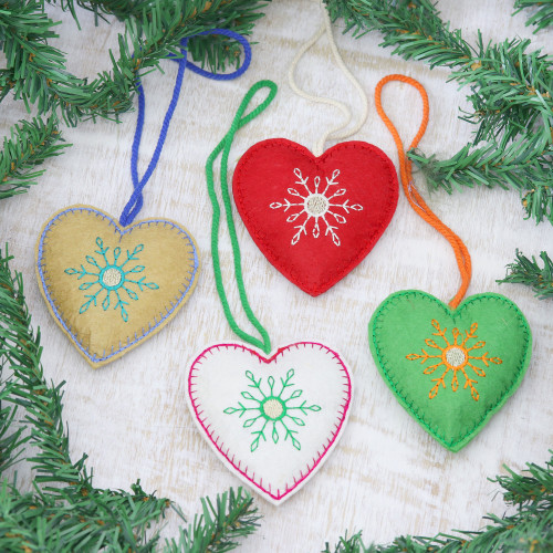 Set of 4 Assorted Color Wool Felt Heart Ornaments 'Folk Art Hearts'