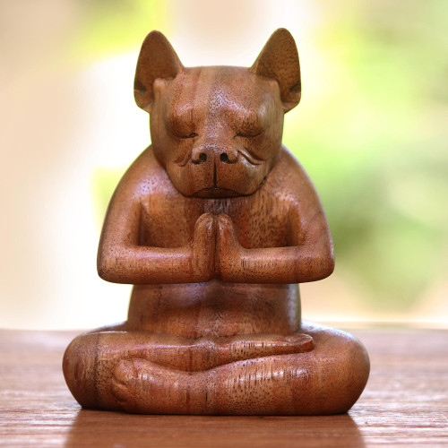 Yoga Meditation Brown Boston Terrier Handmade Wood Statuette 'Yoga Boston Terrier in Brown'