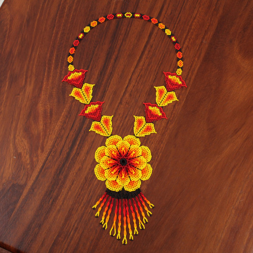 Floral Glass Beaded Pendant Necklace from Mexico 'Burning Passion'