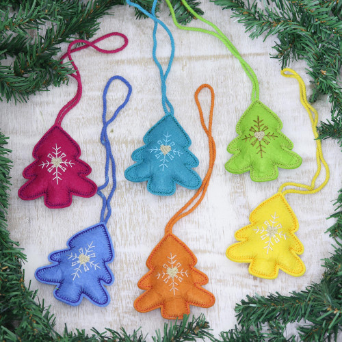 Assorted Wool Felt Tree Ornaments from India Set of 6 'Fascinating Trees'