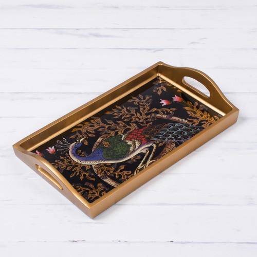 Handcrafted Colorful Peacock Reverse-Painted Glass Tray 'Peacock Presentation'