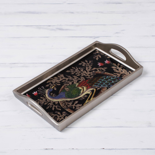 Reverse-Painted Glass Peacock Tray in Silver 12 in. 'Peacock Charm in Silver'