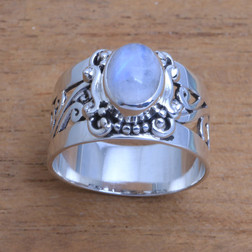 Artisan Crafted Rainbow Moonstone Cocktail Ring from Bali 'Lost Light'