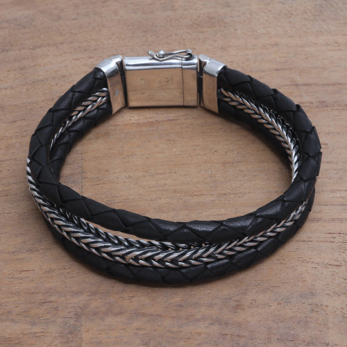 Men's Sterling Silver and Black Leather Bracelet from Bali 'Three Snakes in Black'