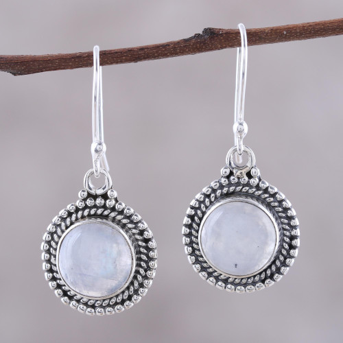 Round Rainbow Moonstone Dangle Earrings from India 'Moonlight Dots'