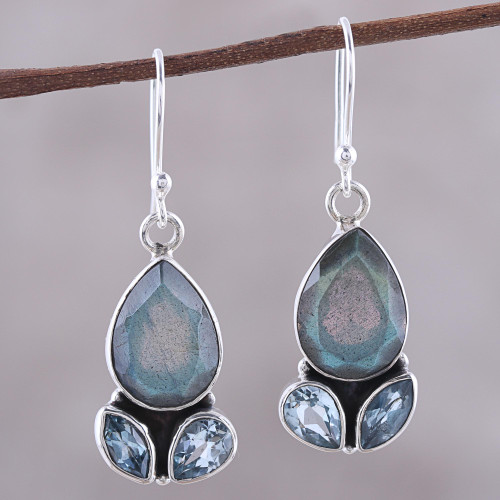 Labradorite and Blue Topaz Sterling Silver Dangle Earrings 'Misty Rain'