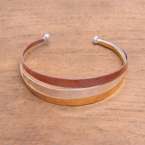 Gold Accent Sterling Silver Cuff Bracelet from Bali 'Metallic Rainbow'