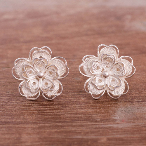 Floral Sterling Silver Filigree Button Earrings from Peru 'Intricate Flowers'