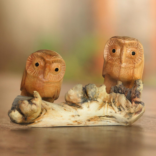 Jempinis Wood Owl Sculpture from Bali 'Owl Romance'