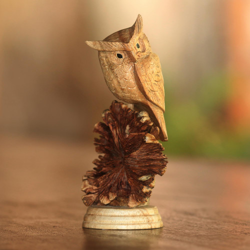 Jempinis Wood Owl Sculpture from Bali 'Perched Owl'