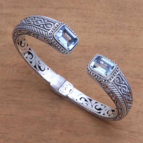 Helix Pattern Blue Topaz Cuff Bracelet from Bali 'Sukawati Helix'
