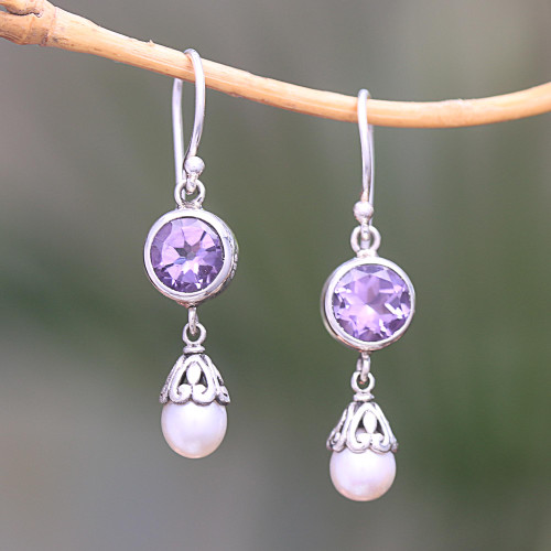 Amethyst and Cultured Pearl Dangle Earrings from Bali 'Fruit of Light'