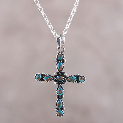 925 Sterling Silver and Composite Turquoise Cross Necklace 'Vibrant Cross'