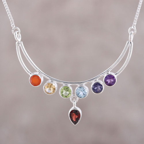 Handmade Sterling Silver and Multi-Gemstone Chakra Necklace 'Peaceful Crescent'