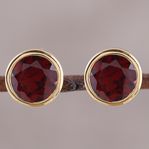 Handcrafted 22k Gold Plated Faceted Garnet Stud Earrings 'Sparkling World'