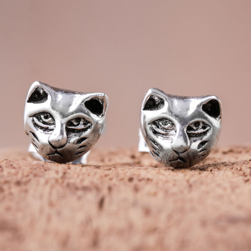 Sterling Silver Cat Stud Earrings from Thailand 'Pensive Cats'