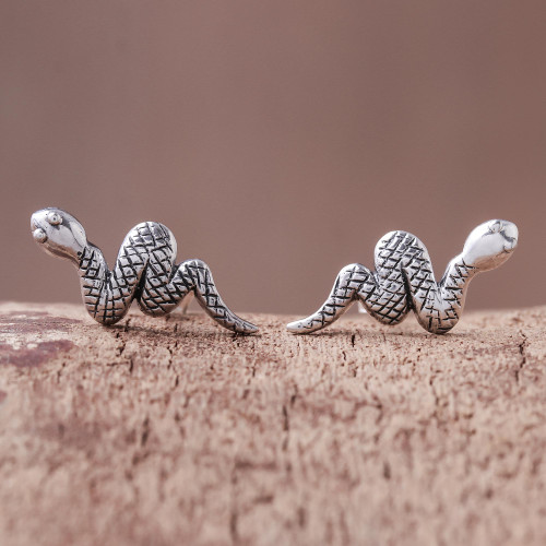 Sterling Silver Snake Button Earrings from Thailand 'Cute Snakes'