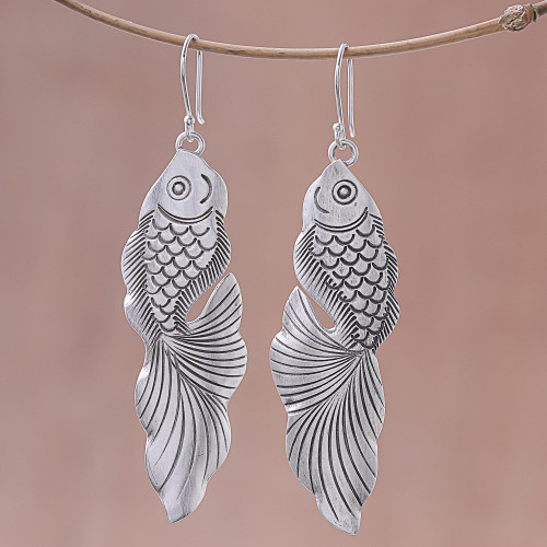 Sterling Silver Goldfish Dangle Earrings from Thailand 'Goldfish Bliss'