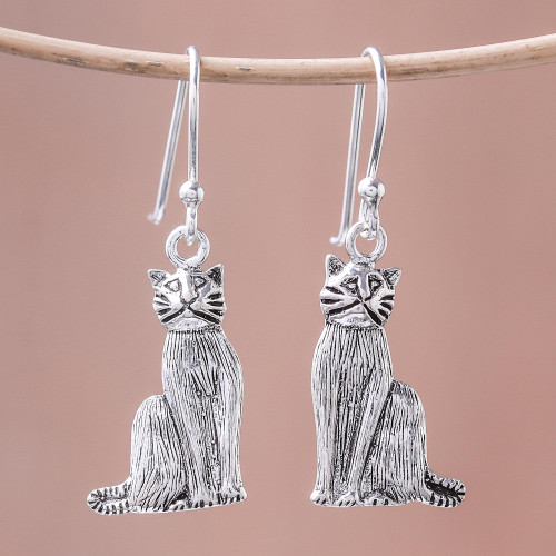 Sterling Silver Cat Dangle Earrings from Thailand 'Mister Cat'