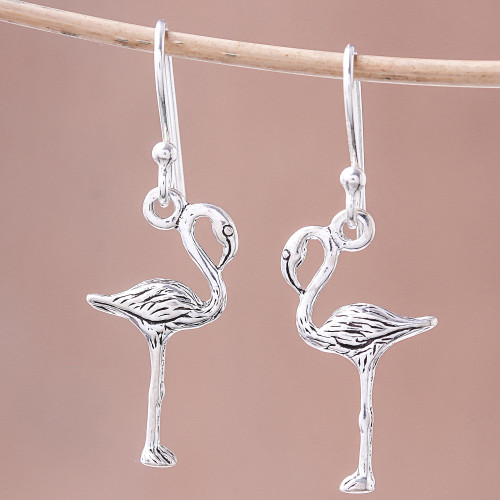 Sterling Silver Flamingo Dangle Earrings from Thailand 'Flamingo'