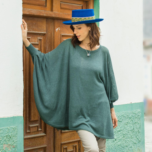 Teal Long-Sleeve Cotton Blend Knit Sweater Poncho from Peru 'Valley Breeze'