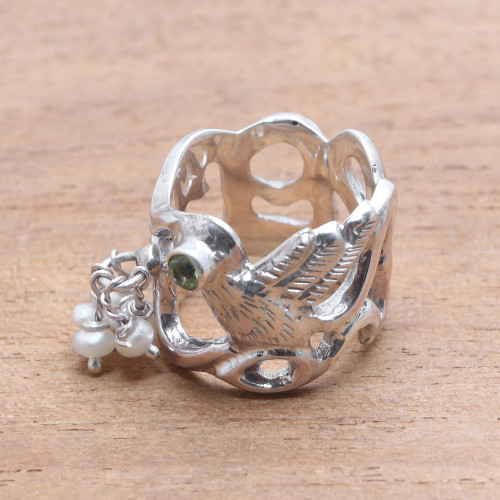 Cultured Pearl Peridot Sterling Silver Bird Cocktail Ring 'Soaring Free'