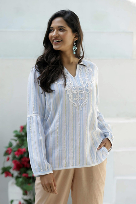 Cotton Tunic with Cerulean Stripes from India 'Cerulean Summer'