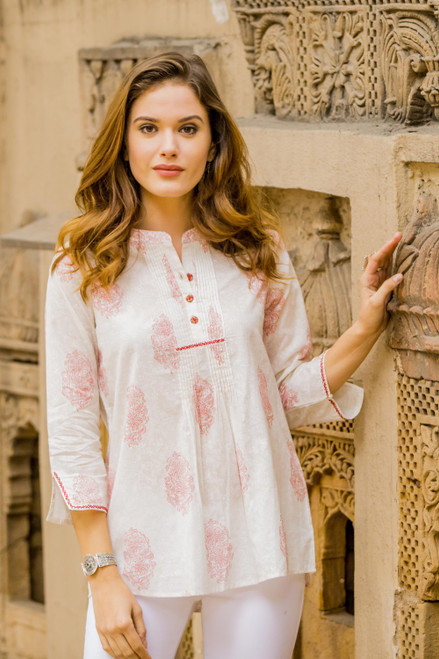 Printed Cotton Tunic in Red and Off-White from India 'Cerise Elegance'