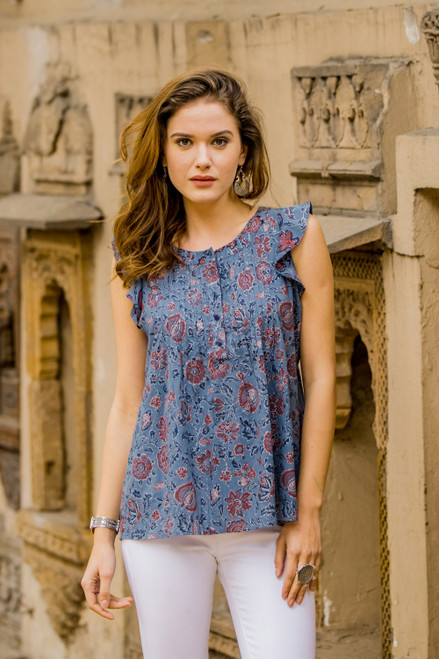 Floral Printed Cotton Blouse in Cerulean from India 'Garden Bliss'